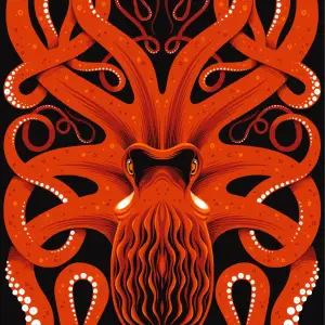 Illustration of an octopus with its tentacles created an elaborate pattern. Illustration by Allen Crawford, Decorative, Fantasy, Nature,
