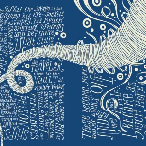 Illustration of calligraphed text of Whitman's Song of Myself, with a twister running through the text. Illustration by Allen Crawford, Conceptual, Decorative,