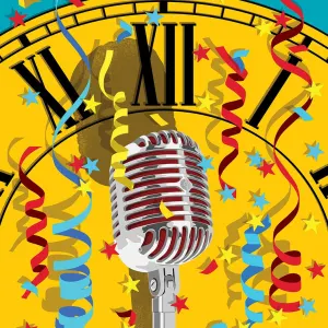 Vibrant illustration of an old-fashioned silver microphone in front of a large yellow clockface surrounded by confetti. Illustration by Paul Garland, Decorative,