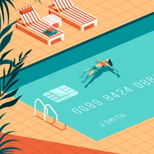 Illustration of a woman floating in a pool, and the bottom of a pool looks like a credit card. Illustration by Beth Goody, Conceptual, Lifestyle,