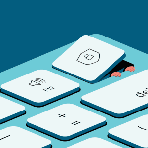 Graphic illustration of a close-up of a computer keyboard and a person is pushing up a security key and climbing out. Illustration by Beth Goody, Conceptual,