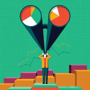 Illustration of a woman holding up oversized binoculars that have pie charts in the lens, standing on top of bar graphs and in the background is a graph.. Illustration by Beth Goody, Business, Conceptual,