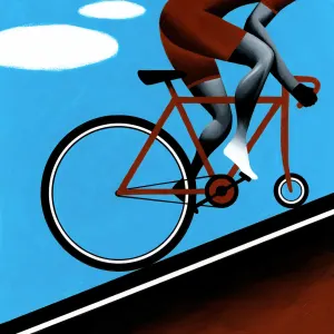 Illustration of a bicyclist riding uphill, but the front wheel is extremely tiny.. Illustration by Thomas Fuchs, Conceptual, Whimsical,