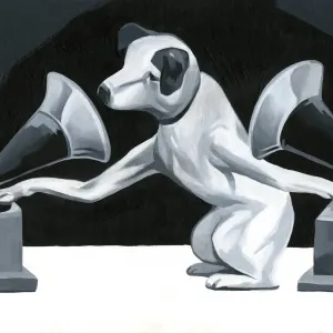 Illustration of the dog Nipper dj'ing between two gramaphones.. Illustration by Thomas Fuchs, Conceptual, Whimsical,