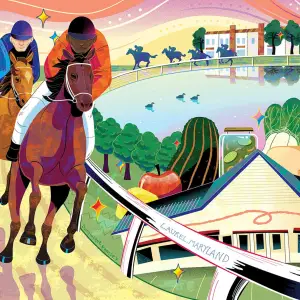 Dynamic illustration of racetrack in Laurel, Maryland, with horses and jockeys. Illustration by Dominique Ramsey, Sports,