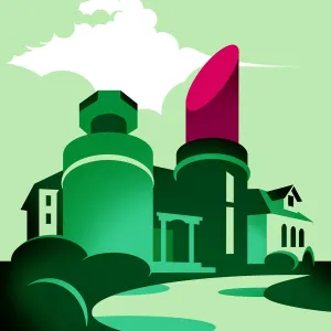 Graphic illustration of a building made out of beauty products like a lipstick and perfume bottle. Illustration by Daria Kirpach, Conceptual,