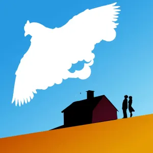 Graphic sketch of a cloud-shaped bird above a house with 2 people standing outside. Illustration by Daria Kirpach, Nature,