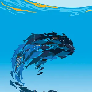 Graphic illustration of a large number of small whales, grouped together creating a silhouette of a larger whale  overlaid with circuitry. Illustration by Daria Kirpach, Conceptual, Nature,