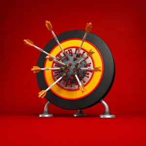 3D illustration of a target with the center that looks like COVID virus and numerous arrows are stuck in it. Illustration by Richard Borge, Conceptual,