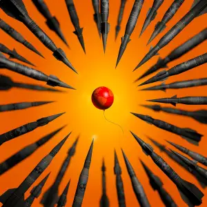 Illustration of a large number of nuclear warheads surrounding a lone red balloon/globe. Illustration by Richard Borge, Conceptual,