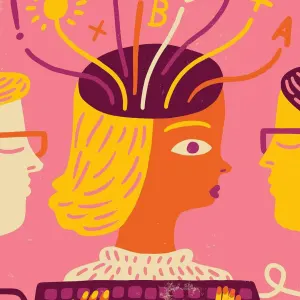 Illustration of a woman with her head open and overflowing with letters, numbers, and symbols and on either side of her, is two men using a keyboard. Illustration by Øivind Hovland, Conceptual, Whimsical,