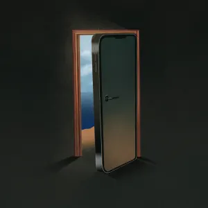 Graphic illustration of an opened door, that is a telephone. Illustration by Elia Sampò, Conceptual,