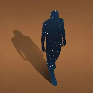 Illustration of a person, casting a long shadow, but the person is silhouette, revealing stars in the night sky.. Illustration by Elia Sampò, Conceptual, Fantasy, Figurative,