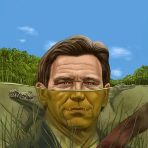Illustration of Ron DeSantis in a Florida swamp, peering out of the water with sharp teeth poking out.. Illustration by Scott Anderson, Conceptual, Portrait, Figurative,