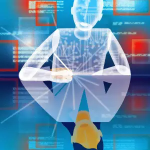 Illustration of a silhouette of a person made out of microchips writing on a table and their reflection is of an actual researcher writing on the table.. Illustration by Neil Webb, Conceptual, Figurative,