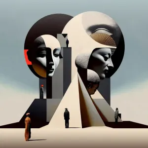 Illustration of people approaching a temple of collaged faces. Illustration by Matthieu Bourel, Figurative, Fantasy,