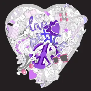 Intricate illustration of a heart filled with various images of heart, cherry, sunglasses, cassette tapes, lipstick, guitar, peace sign and lettering that says Love + Peace. Illustration by Anthony Robinson, Decorative, Whimsical,