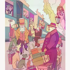 Illustration of a bustling train station in a bygone era, people are boarding, waving goodbye, standing by stacks of suitcases and trunks.. Illustration by Òscar Climent Ollet, Figurative, Whimsical, Decorative, Children,