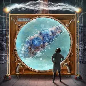 Illustration of a Frankenstein-like figure standing in front of a giant, old fashioned machine. Illustration by Charlie Padgett, Fantasy, Figurative,