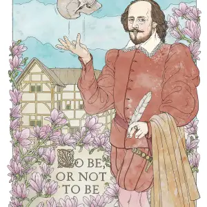 Illustration of Shakespeare, cavalierly tossing a skull in the air, standing in front of a Tudor house, with To Be or Not To Be inscribes in the landscape. Illustration by Dietmar Reinhard, Portrait,
