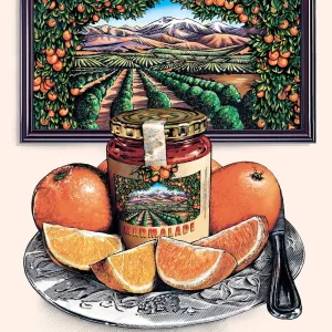 Illustration of a jar of marmalade, surrounded by sliced oranges, and in the background a framed image of an orange grove. Illustration by Jerry Hoare, Nature, Food & Beverage,