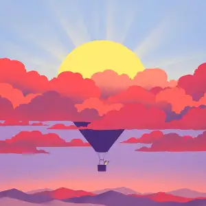 Graphic illustration of a hotair balloon floating above the clouds, but the top of the balloon is the sun. A person is in the gondola and looking out with a telescope.. Illustration by Davide Bonazzi, Conceptual, Whimsical,