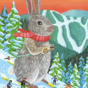 Illustration of a very large bunny, skiing downhill with a bunch of tiny people.. Illustration by Aaron Meshon, Nature, Whimsical, Lifestyle,