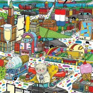 Illustration of a town with large-scale whimsical animals and items.. Illustration by Aaron Meshon, Decorative, Whimsical, Lifestyle,