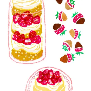 Whimsical illustration of strawberry desserts. Illustration by Shirley Marion, Decorative, Food & Beverage, Whimsical,