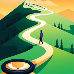 Graphic illustration of a stethoscope that morphs into a path up a mountain with a healthcare professional walking to the top.. Illustration by Beth Goody, Business, Conceptual,