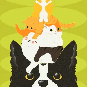 Illustration of a dog, and a pile of cats on top of its head.. Illustration by Aaren Zhai, Whimsical, Figurative, Children,