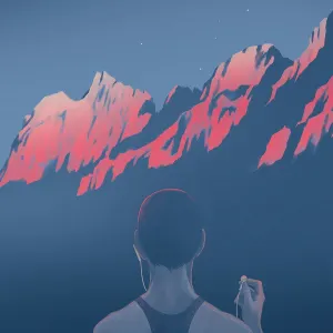 Illustration of a man standing in front of the Dolomites, while holding an ear bud in one hand.. Illustration by Benedetta Vialli, Figurative, Lifestyle,