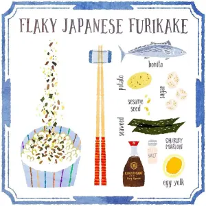 Charming illustration of the ingredients in flaky, Japanese furkikake. Illustration by Shirley Marion, Decorative, Whimsical, Lifestyle,