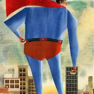 Collaged illustration of a large Superman towering over a city, looking off in the distance. Illustration by Charlie Padgett, Whimsical, Figurative,