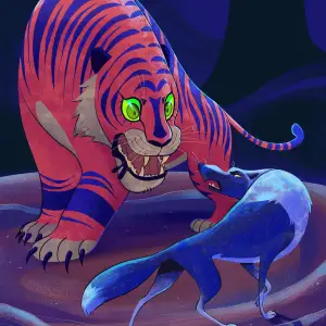 Illustration of a tiger with glowing green eyes, circling a hyena. Illustration by Dominique Ramsey, Fantasy, Nature,