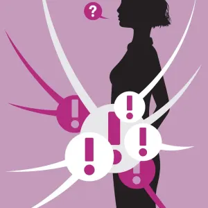 Graphic illustration of a silhouette of a woman speaking with a text bubble with a question mark. And there are multiple text bubbles with exclamation points swooping in around her midsection.. Illustration by Thomas Fuchs, Figurative, Conceptual,