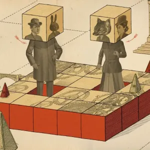 Collaged illustration of figures standing in middle of cubes, with a cube on their shoulders that has faces of humans and animals on each side.. Illustration by Lars Henkel, Conceptual, Whimsical,