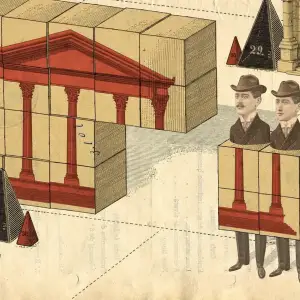 Collaged illustration of two men standing next to a wall of cubes with four cubes missing. The missing cubes make up the bodies of the two figures. Illustration by Lars Henkel, Conceptual, Whimsical,