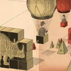 Collaged illustration of two figures in hot air balloons approaching each other.. Illustration by Lars Henkel, Conceptual, Whimsical,