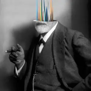 Collage of Sigmund Freud  with the top of his head cut off and multi-colored spikes rising from it.. Illustration by Matthieu Bourel, Conceptual, Figurative, Portrait,