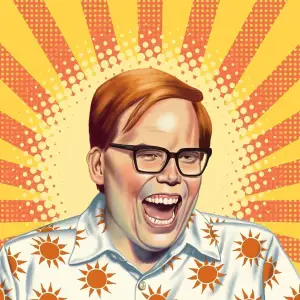 Portrait of Jeff Hiller laughing wearing a shirt with a pattern of suns.. Illustration by Scott Anderson, Portrait, Figurative,