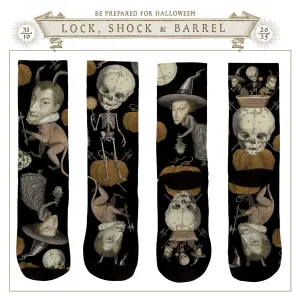An image of 4 different socks featuring macabre illustrations of skeletons, witches and devils. The top says ”Be prepared for Halloween, Lock, Shock & Barrel”. Illustration by Lars Henkel, Whimsical, Fantasy, Figurative, Decorative, 