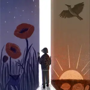 Illustration of a person passing between two scenes—one is day, one is night—and walking into a bright light.. Illustration by Luisa Jung, Conceptual, Nature, Lifestyle, Figurative, 