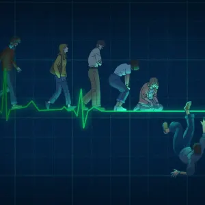 Illustration of a ECG with people walking along the heart line but then falling off as it flattened up.. Illustration by Hua Ye, Conceptual, Figurative, 
