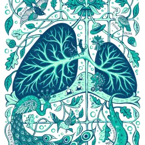 Highly decorative poster of a green man, breathing out lungs within a fantastical landscape.. Illustration by Sue Gent, Nature, Whimsical, Decorative, Fantasy, 
