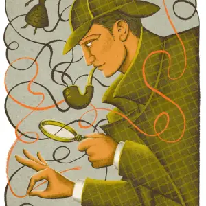 Illustration of Sherlock Holmes picking at a tangled thread that is held by a lady off in the distance.. Illustration by Sue Gent, Figurative, Whimsical, Conceptual, 