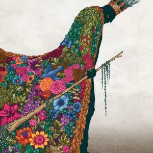 Graphic illustration of a down-trodden man wearing a crown and an elaborate, fantastical cape made out of brightly colored flowers.. Illustration by Sue Gent, Figurative, Decorative, Fantasy, Conceptual, 