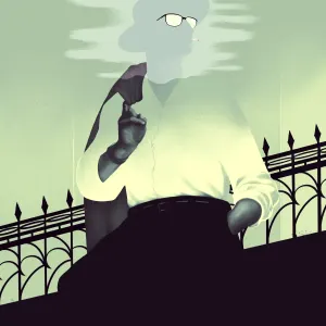 Illustration of a man with his coat slung over his shoulder, nonchalantly smoking a cigarette, wearing a fedora, but his face is obscured by smoke. Illustration by Jay Torres, Figurative, 