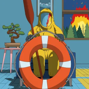 Illustration of a person inside a house, dressed in a hazmat suit holding a inflatable tube, holding an oar, while outside a forest fire rages.. Illustration by Arne Höpfner, Whimsical, Figurative, 