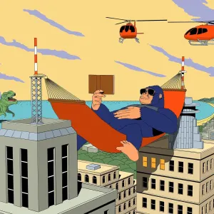Graphic illustration of a cityscape with a giant gorilla laying on a hammock, stretched across two skyscrapers, while reading a book, in the distance helicopters hover head and a dinosaur is standing in the ocean.. Illustration by Arne Höpfner, Whimsical, Fantasy, 
